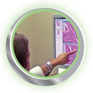 A Pathologist points out morphologic features of whole slide images scanned on next-generation line scanning technologies